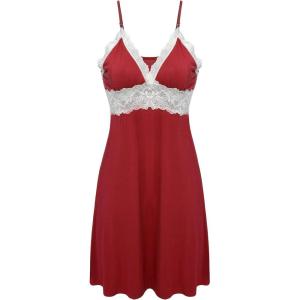 imageEkouaer Sleepwear Womens Chemise Nightgown Full Slip Lace Lounge DressRed