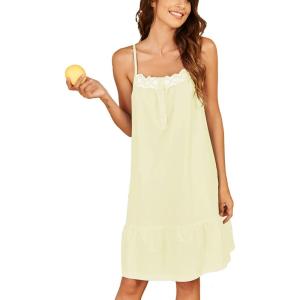 imageEkouaer Womens 100 Cotton Lace Nightgown Sleeveless Sleep Dress Victorian Sleepshirt Button Strap GownCandy Yellow