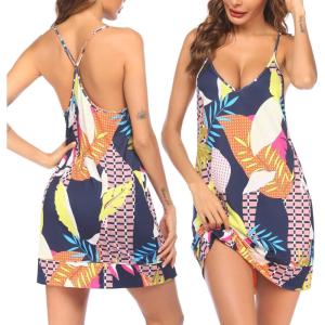 imageEkouaer Womens V Neck Racerback Sleeveless NightgownNavy Leaves