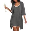 imageEkouaer Womens Nightgown and Robe Set 34 Sleeves Robes 2 Piece Bathrobe Set Vneck Lace Cami Sleepwear with Pockets S2XLDark Gray
