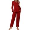 imageEkouaer Womens Pajama Sets 2 piece Lounge Sets for Women Vneck Long Sleeve Top and Elastic Waist Pants with PocketsWine Red