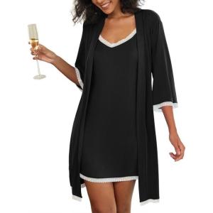 imageEkouaer Womens Nightgown and Robe Set 34 Sleeves Robes 2 Piece Bathrobe Set Vneck Lace Cami Sleepwear with Pockets S2XLBlack