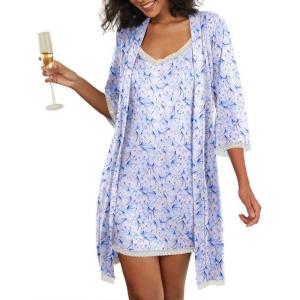 imageEkouaer Womens Nightgown and Robe Set 34 Sleeves Robes 2 Piece Bathrobe Set Vneck Lace Cami Sleepwear with Pockets S2XLBlue and White Butterflies