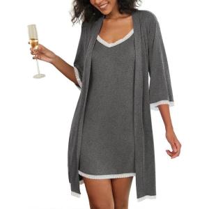imageEkouaer Womens Nightgown and Robe Set 34 Sleeves Robes 2 Piece Bathrobe Set Vneck Lace Cami Sleepwear with Pockets S2XLDark Gray