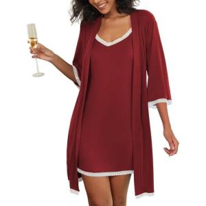 imageEkouaer Womens Nightgown and Robe Set 34 Sleeves Robes 2 Piece Bathrobe Set Vneck Lace Cami Sleepwear with Pockets S2XLWine Red