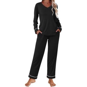 imageEkouaer Womens Pajama Sets 2 piece Lounge Sets for Women Vneck Long Sleeve Top and Elastic Waist Pants with PocketsBlack
