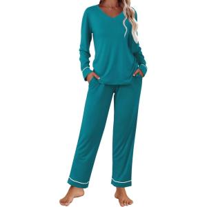 imageEkouaer Womens Pajama Sets 2 piece Lounge Sets for Women Vneck Long Sleeve Top and Elastic Waist Pants with PocketsBlue Green