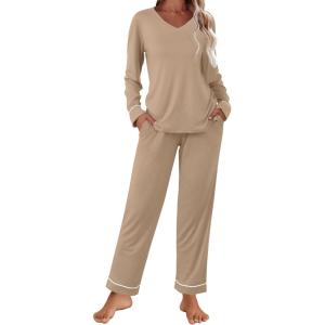 imageEkouaer Womens Pajama Sets 2 piece Lounge Sets for Women Vneck Long Sleeve Top and Elastic Waist Pants with PocketsDark Khaki