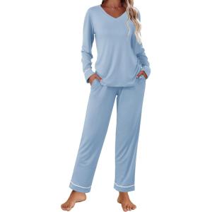 imageEkouaer Womens Pajama Sets 2 piece Lounge Sets for Women Vneck Long Sleeve Top and Elastic Waist Pants with PocketsLight Blue