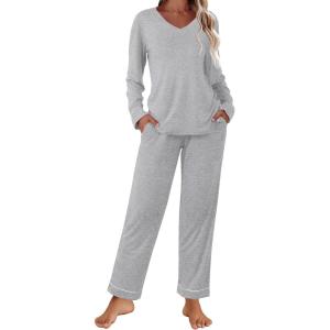 imageEkouaer Womens Pajama Sets 2 piece Lounge Sets for Women Vneck Long Sleeve Top and Elastic Waist Pants with PocketsLight Gray