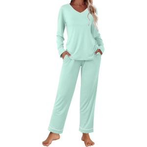 imageEkouaer Womens Pajama Sets 2 piece Lounge Sets for Women Vneck Long Sleeve Top and Elastic Waist Pants with PocketsLight Green