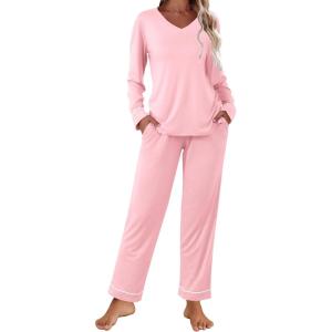 imageEkouaer Womens Pajama Sets 2 piece Lounge Sets for Women Vneck Long Sleeve Top and Elastic Waist Pants with PocketsMisty Rose