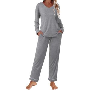 imageEkouaer Womens Pajama Sets 2 piece Lounge Sets for Women Vneck Long Sleeve Top and Elastic Waist Pants with PocketsMix Grey