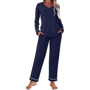 imageEkouaer Womens Pajama Sets 2 piece Lounge Sets for Women Vneck Long Sleeve Top and Elastic Waist Pants with PocketsNavy Blue