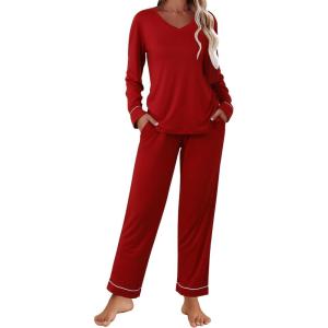 imageEkouaer Womens Pajama Sets 2 piece Lounge Sets for Women Vneck Long Sleeve Top and Elastic Waist Pants with PocketsWine Red