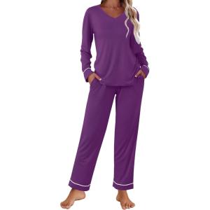 imageEkouaer Womens Pajama Sets 2 piece Lounge Sets for Women Vneck Long Sleeve Top and Elastic Waist Pants with PocketsWineberry