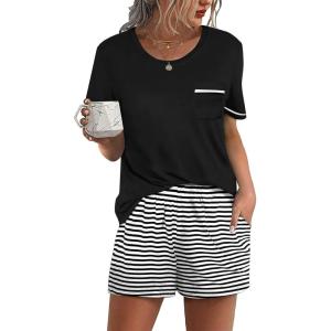 imageEkouaer Womens Pajamas Sets Shorts 2 Piece Short Sleeve Lounge Sets Sleepwear Soft Pjs with PocketsBlack