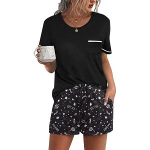 imageEkouaer Womens Pajamas Sets Shorts 2 Piece Short Sleeve Lounge Sets Sleepwear Soft Pjs with PocketsBlack Star