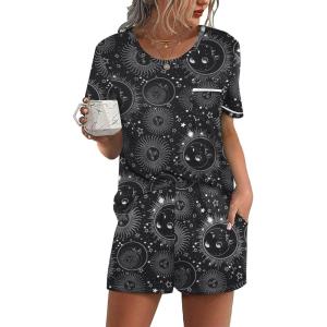 imageEkouaer Womens Pajamas Sets Shorts 2 Piece Short Sleeve Lounge Sets Sleepwear Soft Pjs with PocketsBlack Sun Moon