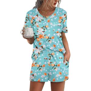 imageEkouaer Womens Pajamas Sets Shorts 2 Piece Short Sleeve Lounge Sets Sleepwear Soft Pjs with PocketsBlue Flower