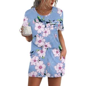 imageEkouaer Womens Pajamas Sets Shorts 2 Piece Short Sleeve Lounge Sets Sleepwear Soft Pjs with PocketsBlue White Flower