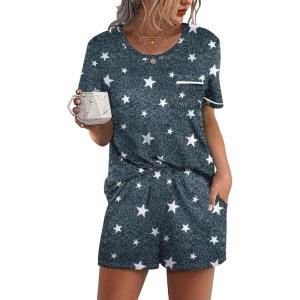 imageEkouaer Womens Pajamas Sets Shorts 2 Piece Short Sleeve Lounge Sets Sleepwear Soft Pjs with PocketsDark Grey White Star