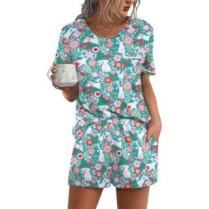 imageEkouaer Womens Pajamas Sets Shorts 2 Piece Short Sleeve Lounge Sets Sleepwear Soft Pjs with PocketsGreen Rabbit