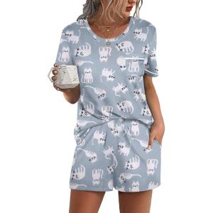 imageEkouaer Womens Pajamas Sets Shorts 2 Piece Short Sleeve Lounge Sets Sleepwear Soft Pjs with PocketsGrey Cat