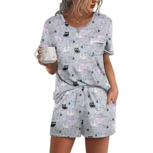 imageEkouaer Womens Pajamas Sets Shorts 2 Piece Short Sleeve Lounge Sets Sleepwear Soft Pjs with PocketsGrey Owl