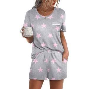 imageEkouaer Womens Pajamas Sets Shorts 2 Piece Short Sleeve Lounge Sets Sleepwear Soft Pjs with PocketsLight Grey White Star