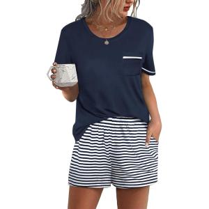 imageEkouaer Womens Pajamas Sets Shorts 2 Piece Short Sleeve Lounge Sets Sleepwear Soft Pjs with PocketsNavy Blue