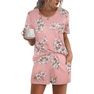 imageEkouaer Womens Pajamas Sets Shorts 2 Piece Short Sleeve Lounge Sets Sleepwear Soft Pjs with PocketsPink Flower
