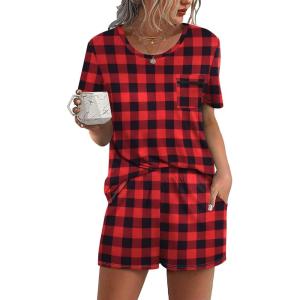 imageEkouaer Womens Pajamas Sets Shorts 2 Piece Short Sleeve Lounge Sets Sleepwear Soft Pjs with PocketsRed Plaid