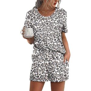 imageEkouaer Womens Pajamas Sets Shorts 2 Piece Short Sleeve Lounge Sets Sleepwear Soft Pjs with PocketsWhiteleopard