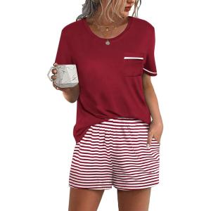 imageEkouaer Womens Pajamas Sets Shorts 2 Piece Short Sleeve Lounge Sets Sleepwear Soft Pjs with PocketsWine Red