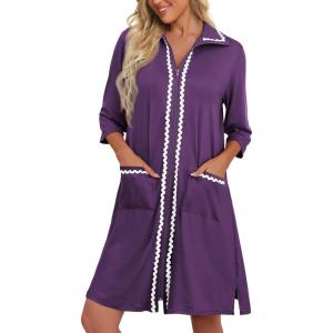 imageEkouaer Women Zipper Robe Lightweight House Coat Zipper Front Short Bathrobes Soft Nightgown with Pockets S3XLPurple