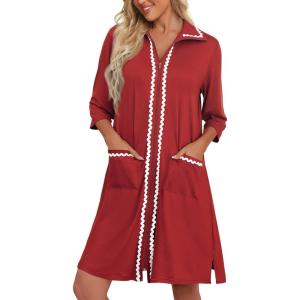 imageEkouaer Women Zipper Robe Lightweight House Coat Zipper Front Short Bathrobes Soft Nightgown with Pockets S3XLWine Red