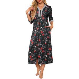 imageEkouaer Womens Zipper Robe 34 Sleeves Housecoat Full Length Nightgown Soft Loungewear Robe with Pockets S3XLBlack Floral