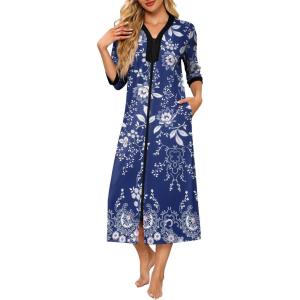 imageEkouaer Womens Zipper Robe 34 Sleeves Housecoat Full Length Nightgown Soft Loungewear Robe with Pockets S3XLBlue Ethnic Floral