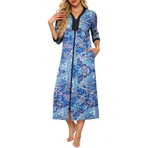 imageEkouaer Womens Zipper Robe 34 Sleeves Housecoat Full Length Nightgown Soft Loungewear Robe with Pockets S3XLBlue Paisley