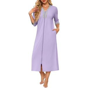 imageEkouaer Womens Zipper Robe 34 Sleeves Housecoat Full Length Nightgown Soft Loungewear Robe with Pockets S3XLLavender