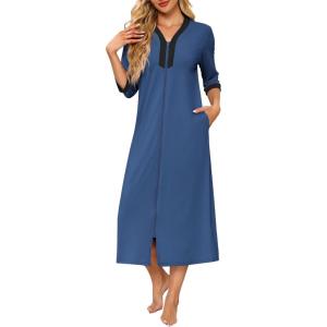 imageEkouaer Womens Zipper Robe 34 Sleeves Housecoat Full Length Nightgown Soft Loungewear Robe with Pockets S3XLNavy