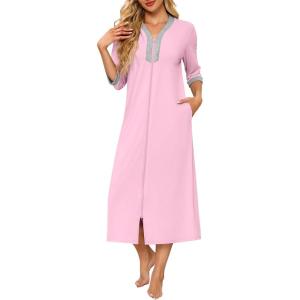 imageEkouaer Womens Zipper Robe 34 Sleeves Housecoat Full Length Nightgown Soft Loungewear Robe with Pockets S3XLPink