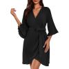 imageEkouaer Women Waffle Robes 34 Sleeve Ruffle Knit Bathrobe Soft Lightweight Knee Length Robe Loungewear SXXLBlack