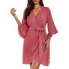 imageEkouaer Women Waffle Robes 34 Sleeve Ruffle Knit Bathrobe Soft Lightweight Knee Length Robe Loungewear SXXLGray Purple