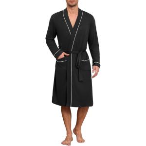 imageEkouaer Mens Robes Lightweight Knit Bathrobe Long Sleeve Kimono Robe V Neck Spa Knee Length Sleepwear with Pockets SXXLBlack