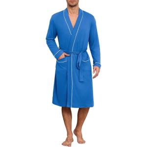 imageEkouaer Mens Robes Lightweight Knit Bathrobe Long Sleeve Kimono Robe V Neck Spa Knee Length Sleepwear with Pockets SXXLBlue
