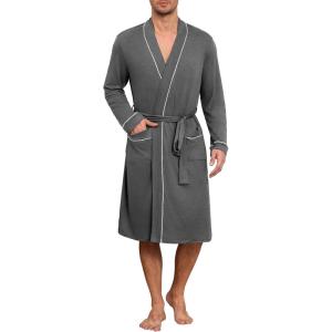 imageEkouaer Mens Robes Lightweight Knit Bathrobe Long Sleeve Kimono Robe V Neck Spa Knee Length Sleepwear with Pockets SXXLDark Gray