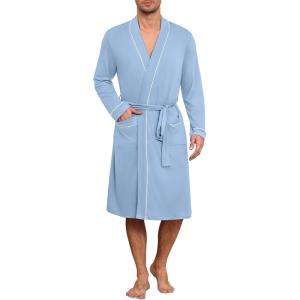 imageEkouaer Mens Robes Lightweight Knit Bathrobe Long Sleeve Kimono Robe V Neck Spa Knee Length Sleepwear with Pockets SXXLLight Blue