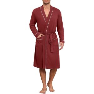 imageEkouaer Mens Robes Lightweight Knit Bathrobe Long Sleeve Kimono Robe V Neck Spa Knee Length Sleepwear with Pockets SXXLWine Red